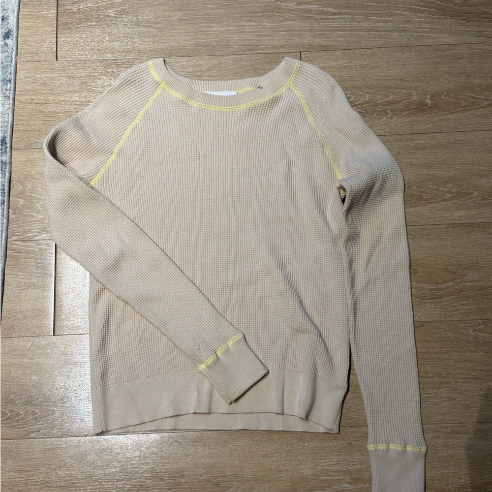 White + Warren Cream Waffle-Knit Crew Sweater with Yellow Trim